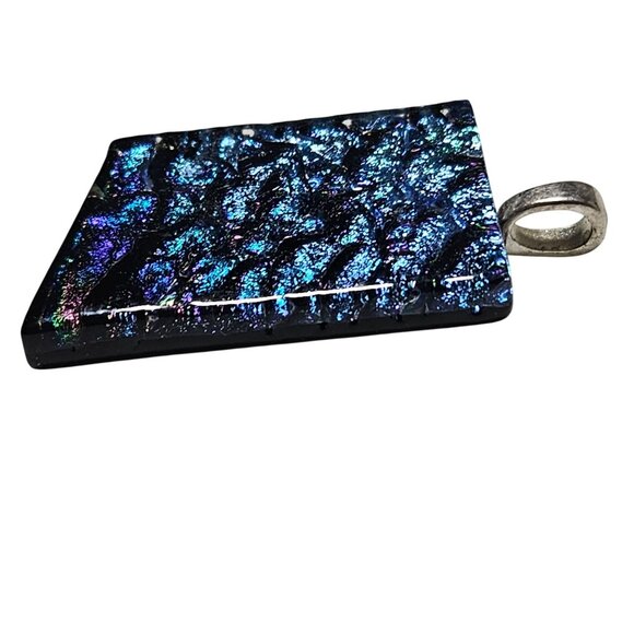 Dichroic Glass Pendant Rectangular Blue Iridescent Silver Bail Handmade Jewelry - Picture 3 of 5